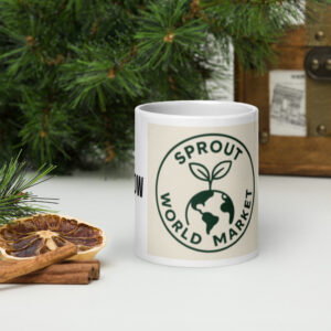 Sprout World Market white glossy mug with green logo – eco-friendly ceramic coffee cup
